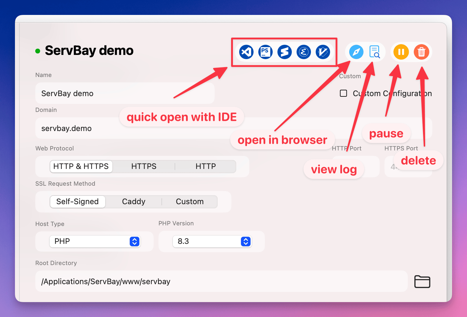 Các thao tác nhanh trên website trong ServBay