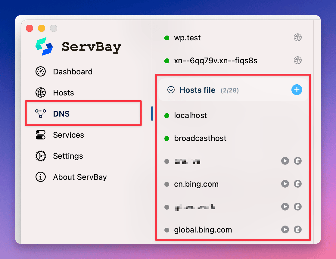 Interface de gestion du fichier Hosts ServBay - Visualiser