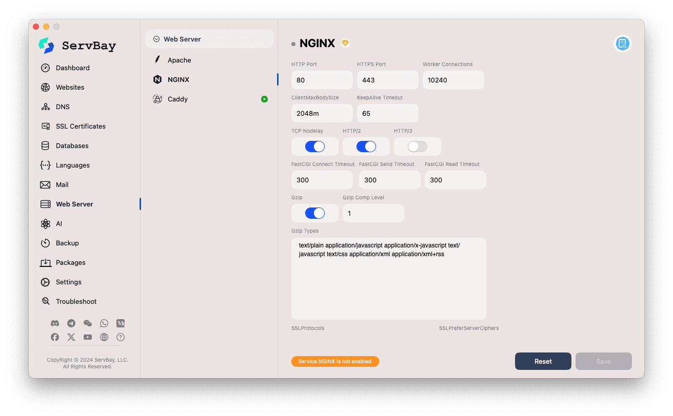 واجهة إعدادات ServBay Nginx