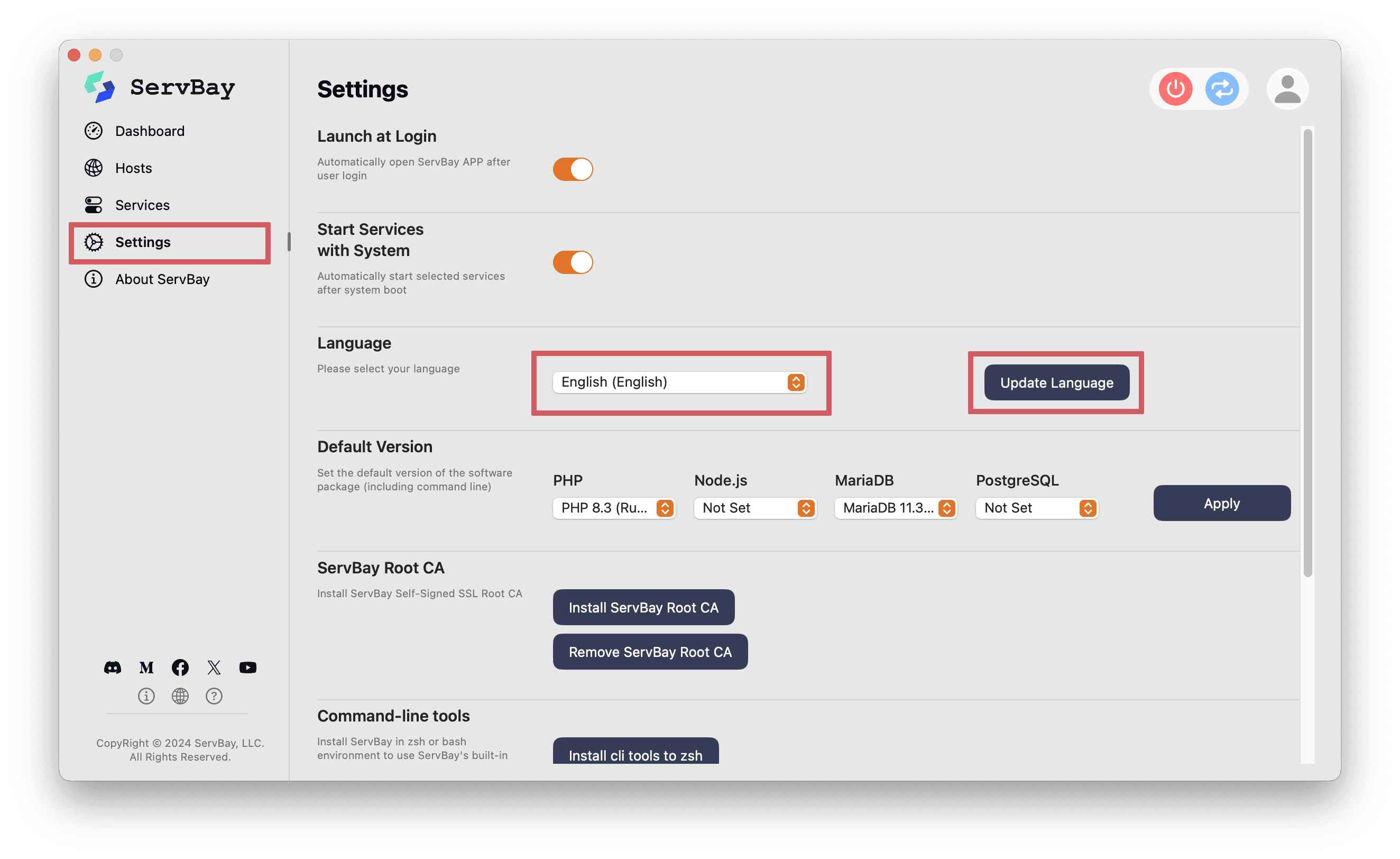 ServBay Language Settings Options