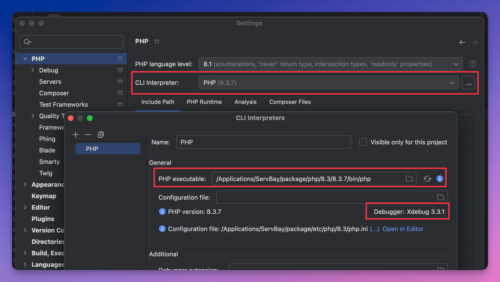 Seksi Xdebug dalam phpinfo ServBay